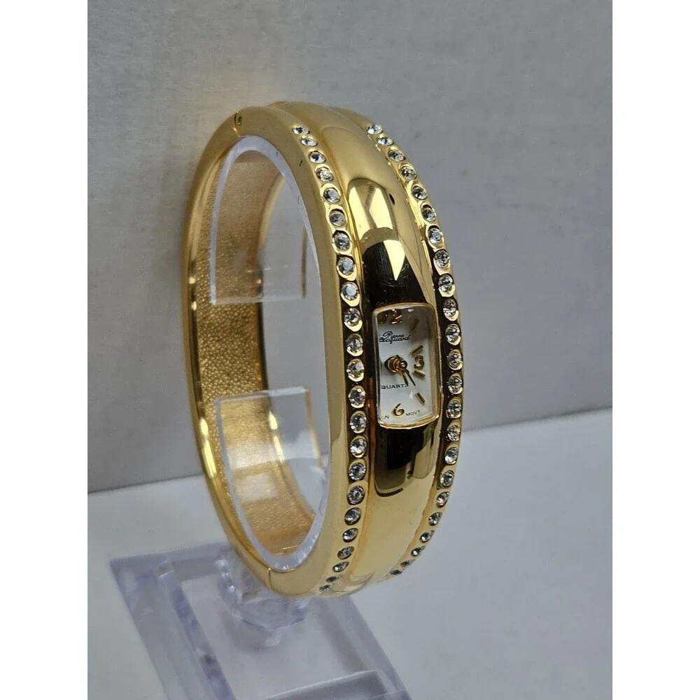 Vintage Pierre Jacquard Womens Gold Rhinestone Cuff Bangle Watch New Battery